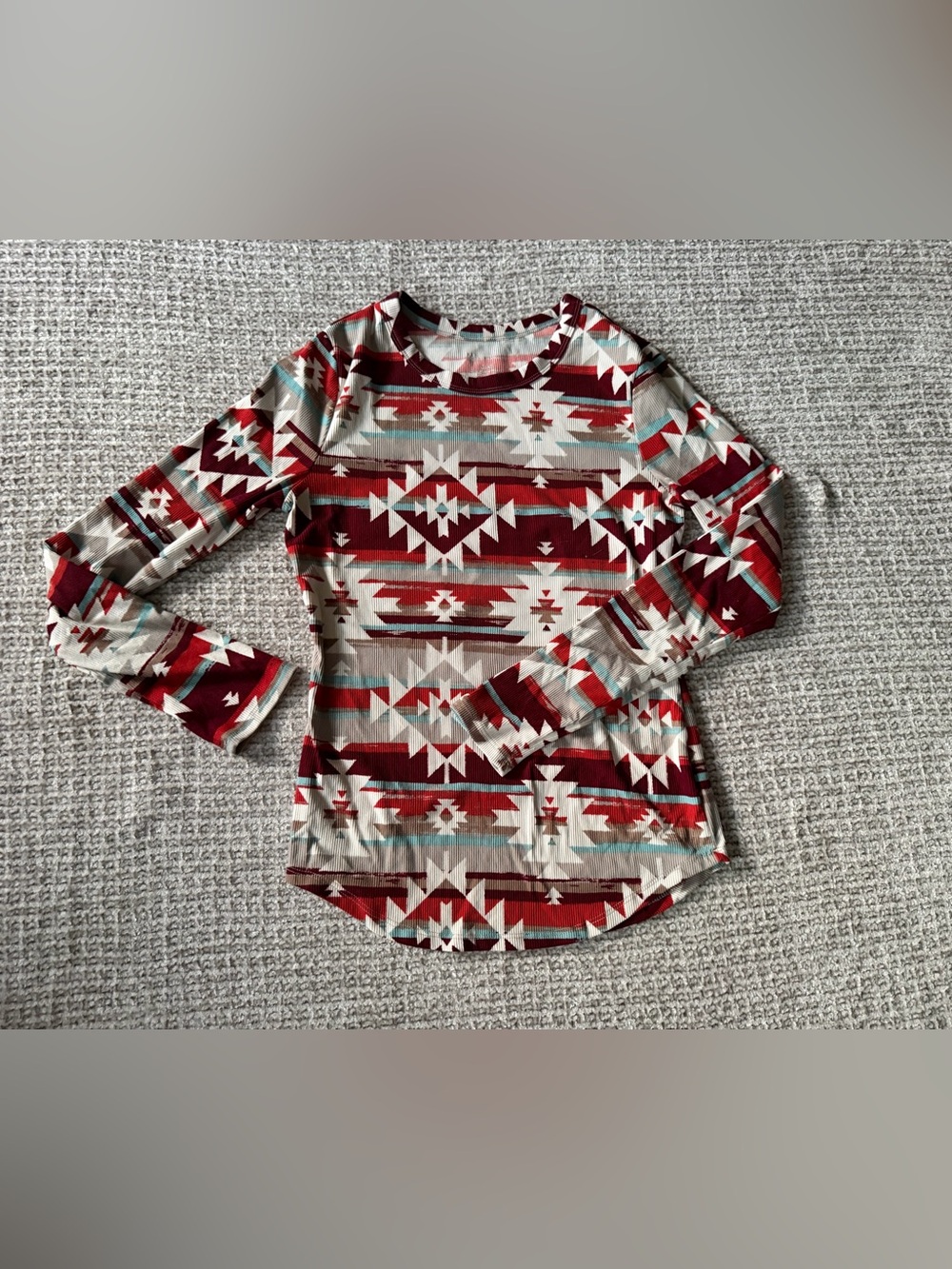 No Boundaries ribbed Aztec Print Long Sleeve Women's Top - Red & Cream